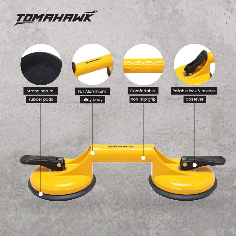 Tomahawk ® كوب شفط زجاجي مع مقبض من الألمنيوم لرفع وتحريك ألواح الزجاج الثقيلة، الألواح المعدنية، نوافذ الزجاج، الرخام - رافع زجاج برأسين، عبوة من 2 - Image 2