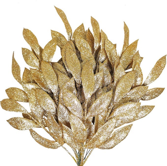 20 PIECES GOLD GLITTERED ARTIFICIAL LEAF SPRAY PICKS 12 TALL FOR CHRISTMAS WINTER WEDDING WREATH TREE SWAG FLORAL ARRANGMENT VASE BOUQUETS TABLE CENTERPIECES DECORATION