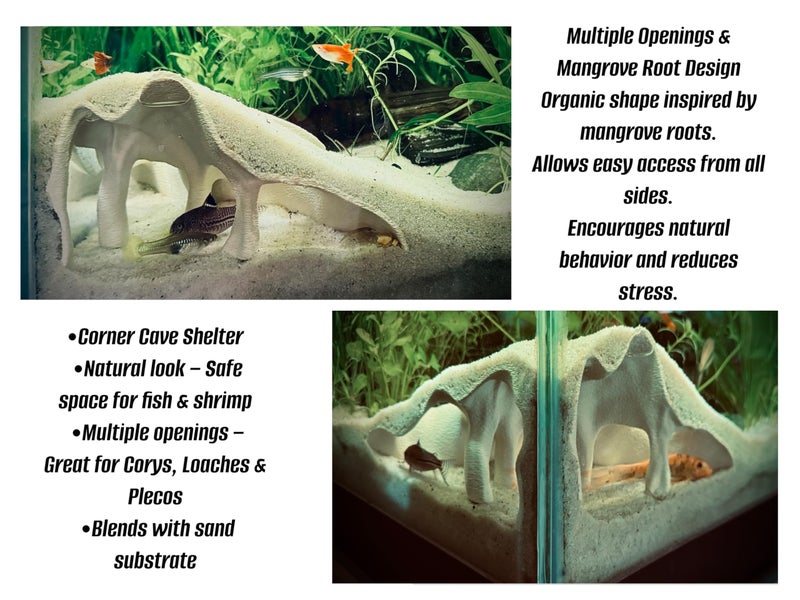FROSTO Aquarium & Terrarium Corner Underground Cave â€“ Faux Mangrove Root Hideout for Betta, Corydoras, Shrimp, Geckos & Snakes â€“ Natural-Look Tank Decor in Textured Root Style (Desert Tan, 7.5''x7.5''x4'') - Image 3
