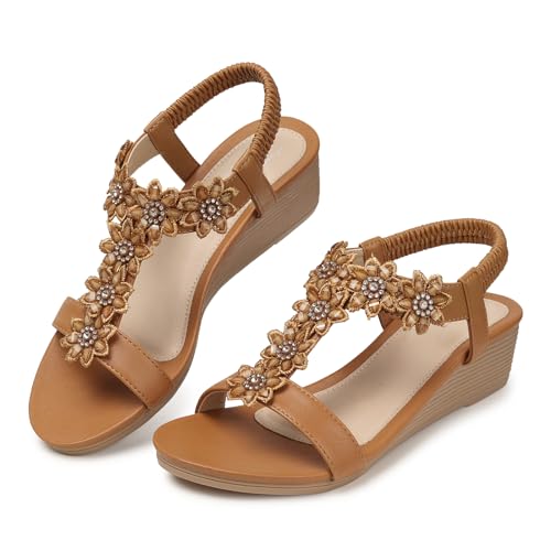 SHIBEVER Wedge Sandals for Women Dressy Summer Platform Boho Flower Dress Sandals Comfortable Low Wedges Womens Sandal Brown Size 85