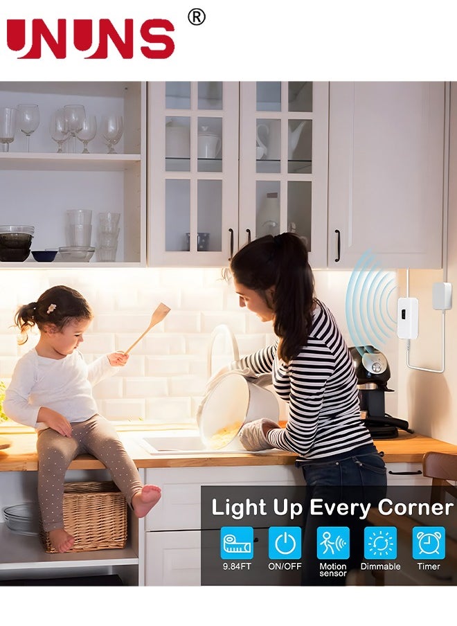 UNUNS - 3M Motion Sensor Under Cabinet Lights Strip,Plug-in LED Strip Lights Indoor,Table Lamp Hand Wave Activated, Dimmer And Timer For Counter Shelf Showcase Stairway Bedroom Corridor,Warm White Light - Image 1