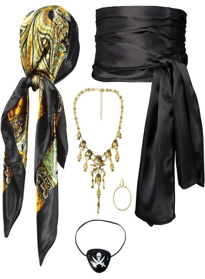 CosInStyle Women Pirate Costume Accessories Set|Headscarf Wrap Hat Sash Belt Cosplay Outfit With Stainless Steel Earring Necklace (Black Pirate Set With Metal Skull Necklace) - Image 1