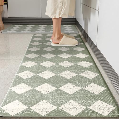 VivaNest Sage Beige Moroccan Trellis Checkered Kitchen Rug Sets [2 PCs], Anti-Fatigue, Waterproof Non-Slip Kitchen Mats Heavy Duty Ergonomic Comfort Foam Rug for Floor, Home, Laundry,17"x29"+17"x47" - Image 1
