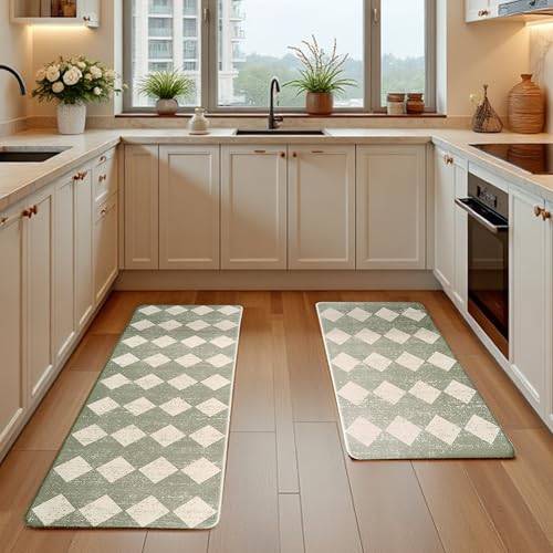 VivaNest Sage Beige Moroccan Trellis Checkered Kitchen Rug Sets [2 PCs], Anti-Fatigue, Waterproof Non-Slip Kitchen Mats Heavy Duty Ergonomic Comfort Foam Rug for Floor, Home, Laundry,17"x29"+17"x47" - Image 2