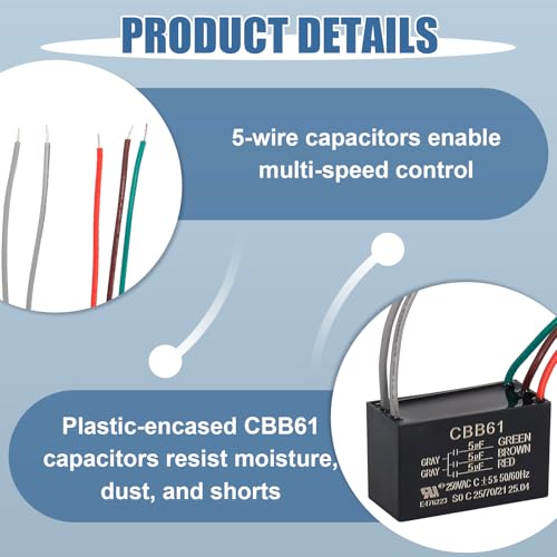 Swess 3 Pcs 5 Wire Ceiling Fan CBB61 Capacitor for New TECH 5+5+5uf 50/60Hz 250VAC - Image 3