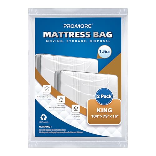 PROMORE 2PK Plastic Mattress Bag for Disposal Moving or Storage - King Size (1.5Mil), Waterproof Mattress Covers for Moving Supplies - Image 1