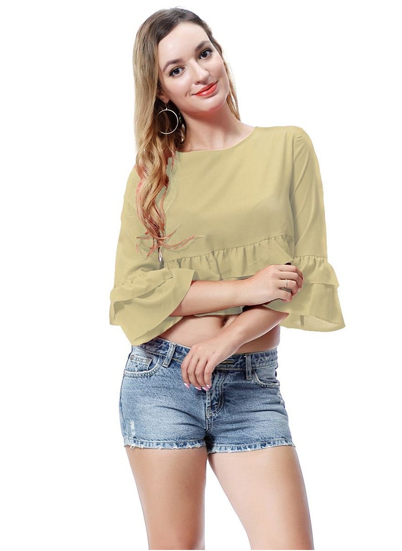 إسكدنيا - Women's Solid Color Round Neck Top Loose Ruffled Blouse Khaki - Image 1