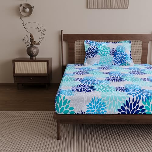 Divine Casa Bedsheet for Single Size Bed | 144 TC | Cotton Bedsheet for Single Size Bed with 1 Pillow Cover (145 X 223 cm) Floral Galaxy Blue Cotton Bedsheet - Image 3