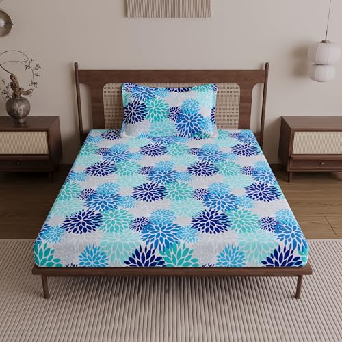 Divine Casa Bedsheet for Single Size Bed | 144 TC | Cotton Bedsheet for Single Size Bed with 1 Pillow Cover (145 X 223 cm) Floral Galaxy Blue Cotton Bedsheet - Image 2