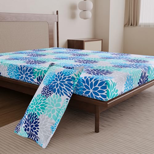 Divine Casa Bedsheet for Single Size Bed | 144 TC | Cotton Bedsheet for Single Size Bed with 1 Pillow Cover (145 X 223 cm) Floral Galaxy Blue Cotton Bedsheet - Image 4