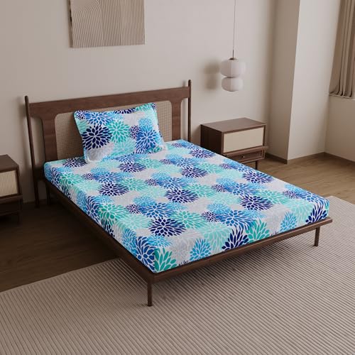 Divine Casa Bedsheet for Single Size Bed | 144 TC | Cotton Bedsheet for Single Size Bed with 1 Pillow Cover (145 X 223 cm) Floral Galaxy Blue Cotton Bedsheet - Image 1