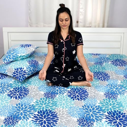 Divine Casa Bedsheet for Single Size Bed | 144 TC | Cotton Bedsheet for Single Size Bed with 1 Pillow Cover (145 X 223 cm) Floral Galaxy Blue Cotton Bedsheet - Image 5