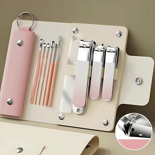 YOMITH Manicure Set, Nail Clippers Set, High-Carbon Steel Nail Care Kit, Portable Travel Mini Nail Cutter Kit with Leather Bag, Nail Grooming Kit with Earpick Set for Men Women (PINK, 10 Pcs Set) - Image 1