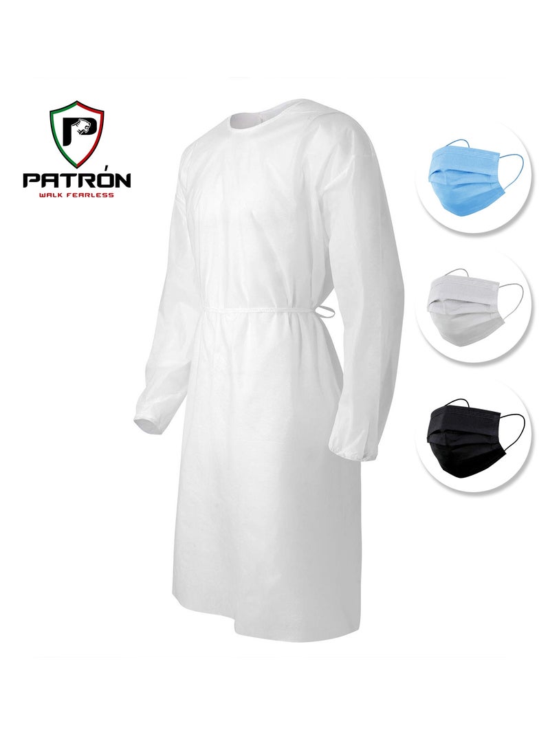 Patron Disposable Lab Gown IVC-2, Disposable Lab Gown In White Color, With 10 Pieces Of 2 Ply Disposable Mask