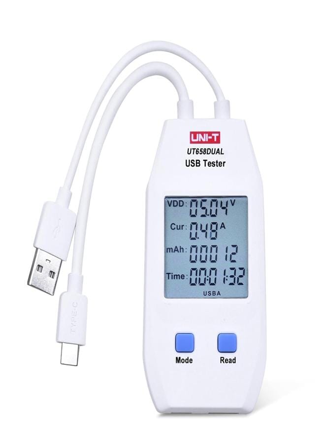 UNI-T Unit Usb Power Meter Tester Ut658Dual Type A & Type C Voltage And Current Multimeter For Digital Products Charging Capacity With Data Storage
