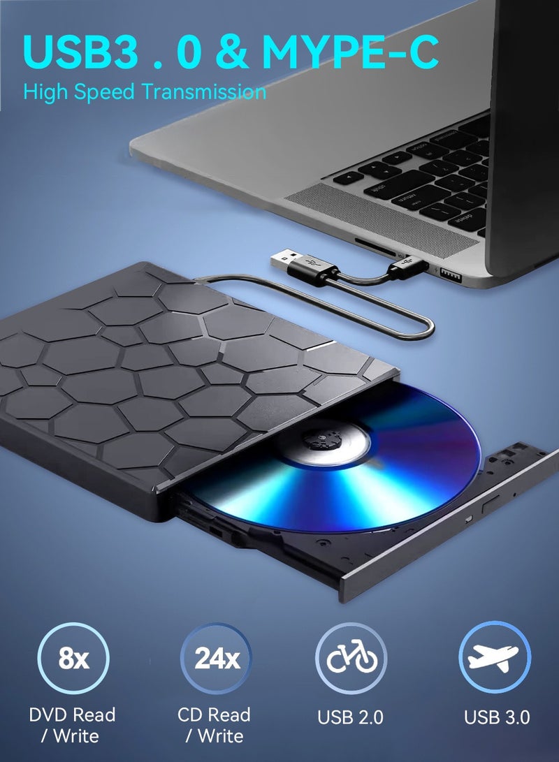 ليوكور محرك أقراص CD/DVD خارجي، مشغل DVD للكمبيوتر المحمول، 8 في 1 USB 3.0 فائق النحافة محمول، حارق CD محرك الأقراص الضوئي الخارجي متوافق مع الكمبيوتر المحمول المكتبي Mac، Windows 11/10/8/7 Linux - Image 4