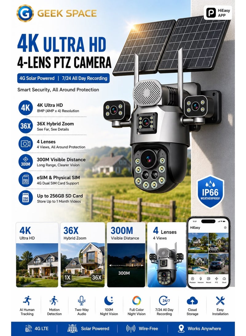 GEEK SPACE 4G LTE Solar Powered 4K PTZ Security Camera Outdoor Wireless 4 Lens CCTV Camera with Dual Solar Panels, 360° Pan Tilt, AI Motion Detection, 36X Zoom, Color Night Vision, Two-Way Audio, IP66 - Image 4