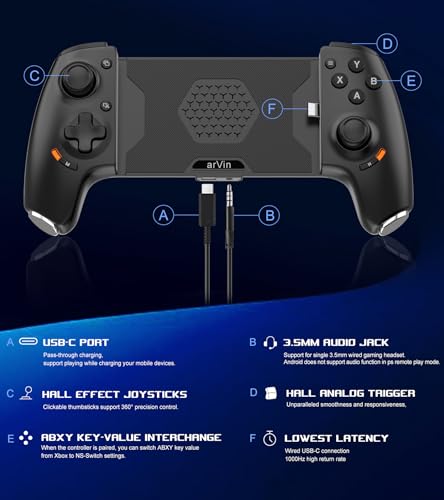 arVin Mobile Gaming Controller for Android and iPhone 171615 Series USBC PS Remote Player Gamepad for PS5PS4XboxPC with Hall JoysticksHall Trigger35mm Audio JackCloud Gaming Controller Plug Play - Image 3