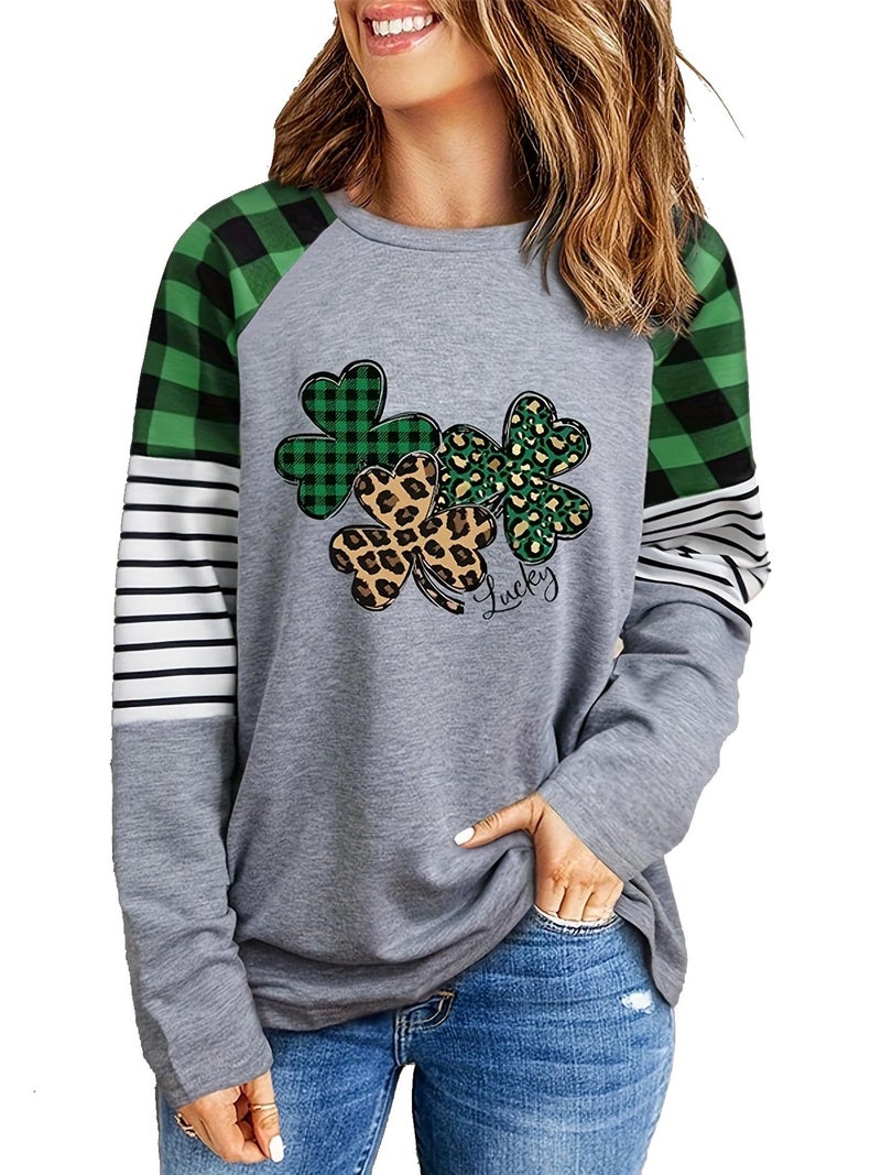 LUBERLIN St Patricks Day Shirts Womens Long Sleeve Leopard Saint Patricks Day Sweatshirt Clover Graphic Tees(Green4 XL) - Image 1