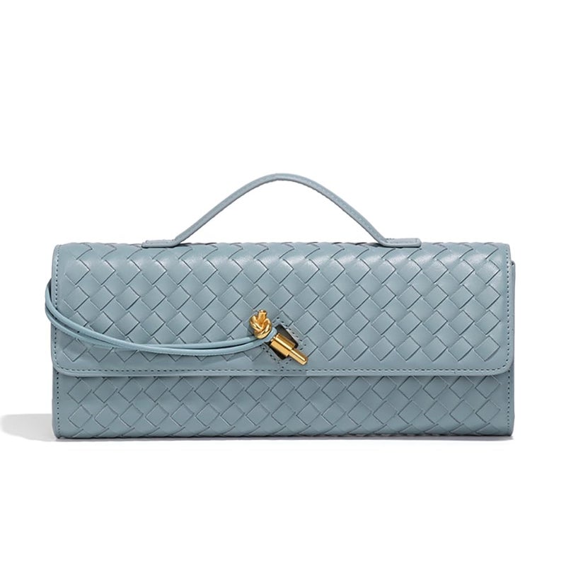Covelin Women's Handmade Woven Evening Bag Leather Shoulder Clutch Handbag Fashion Crossbody Purse Light Blue - Image 1