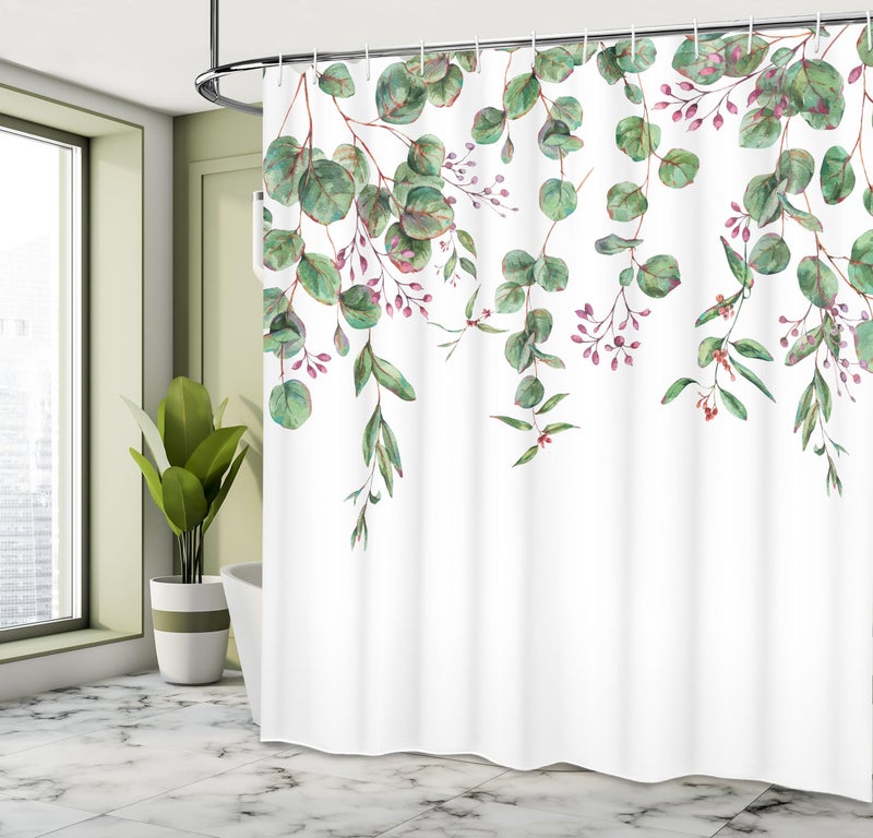 Ambesonne Eucalyptus Shower Curtain  Leaves and Romantic Vintage Watercolor Branches Bloom Top Plant Art  Cloth Fabric Bathroom Decor Set with Hooks  69"" W x 70"" L  Pink Fuchsia Fern Green - Image 4