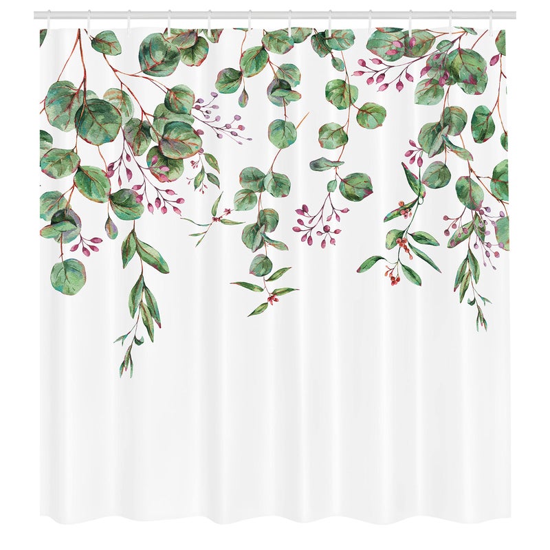 Ambesonne Eucalyptus Shower Curtain  Leaves and Romantic Vintage Watercolor Branches Bloom Top Plant Art  Cloth Fabric Bathroom Decor Set with Hooks  69"" W x 70"" L  Pink Fuchsia Fern Green - Image 2