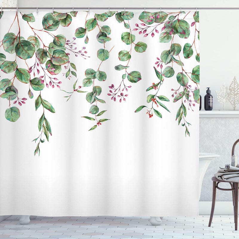 Ambesonne Eucalyptus Shower Curtain  Leaves and Romantic Vintage Watercolor Branches Bloom Top Plant Art  Cloth Fabric Bathroom Decor Set with Hooks  69"" W x 70"" L  Pink Fuchsia Fern Green - Image 1