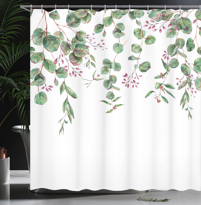Ambesonne Eucalyptus Shower Curtain  Leaves and Romantic Vintage Watercolor Branches Bloom Top Plant Art  Cloth Fabric Bathroom Decor Set with Hooks  69"" W x 70"" L  Pink Fuchsia Fern Green - Image 3