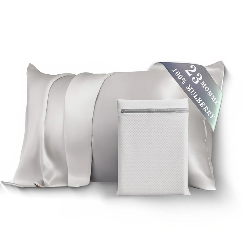 PROMEED 100% Mulberry Silk Pillowcase for Hair and Skin with Zipper, Both Sides Pure 23 Momme Silk Pillow Case, Grade 6A+ Real Silk Case (Standard 20"x26", Light Grey) - Image 1