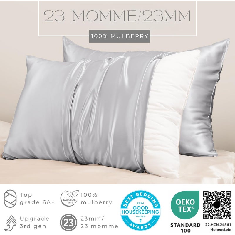 PROMEED 100% Mulberry Silk Pillowcase for Hair and Skin with Zipper, Both Sides Pure 23 Momme Silk Pillow Case, Grade 6A+ Real Silk Case (Standard 20"x26", Light Grey) - Image 2