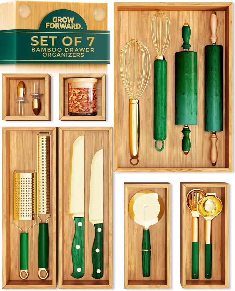 Grow Forward Bamboo Drawer Organizer Boxes - Set of 7 Wooden Drawer Organizers for Kitchen, Bathroom, Office, Desk, Vanity, Makeup - Non-Slip Junk Drawer Organizer Trays for Storage and Organization - Image 1