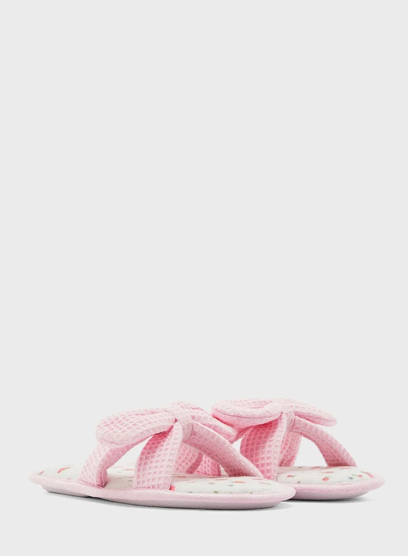 Ginger Waffle Bow  Open Toe Mule Slippers