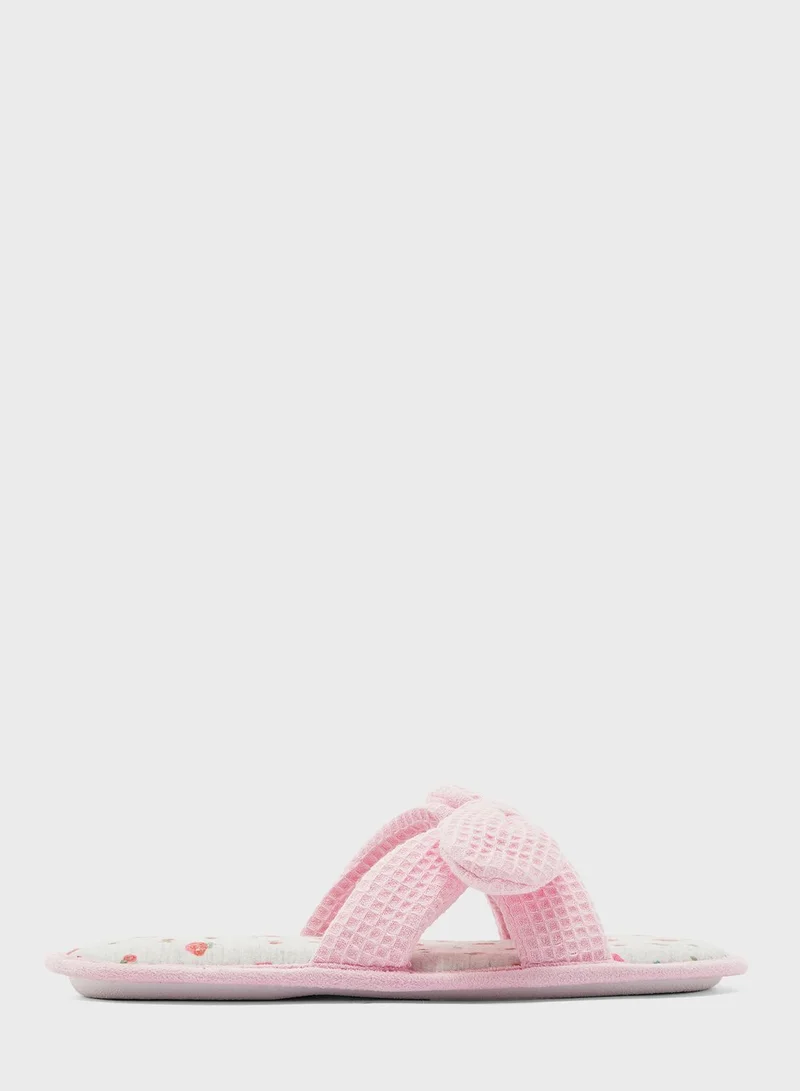 Ginger Waffle Bow  Open Toe Mule Slippers