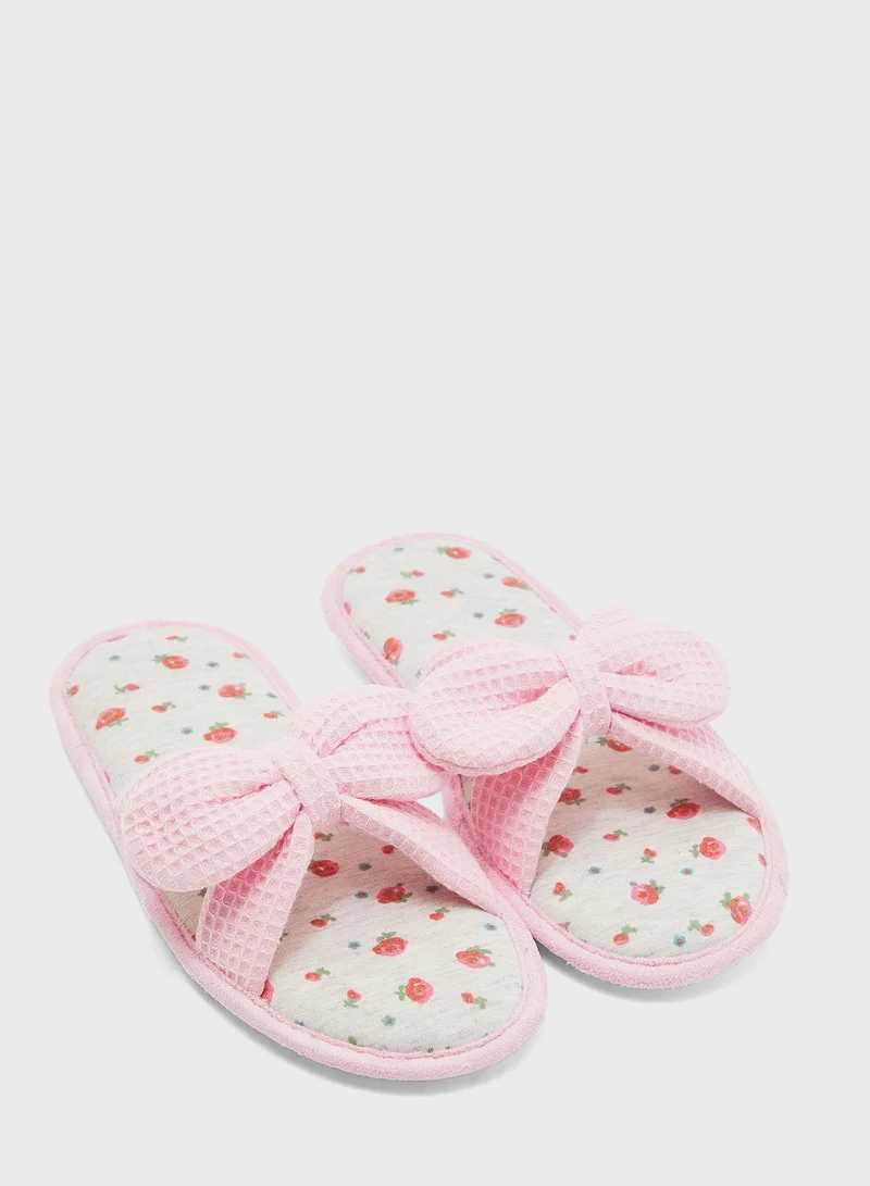 Ginger Waffle Bow  Open Toe Mule Slippers