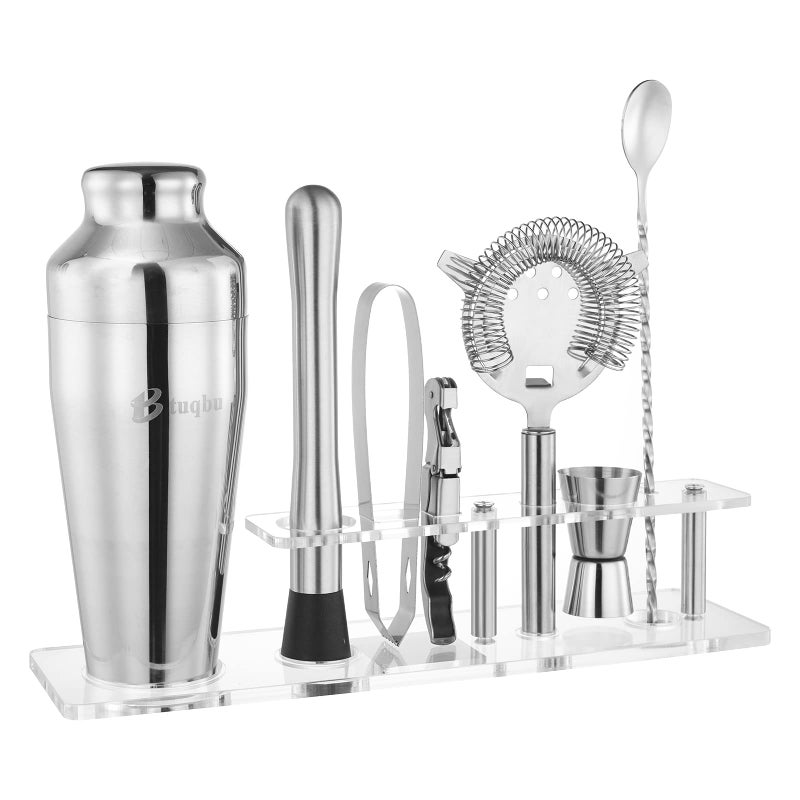 Btuqbu Cocktail Shaker Set with Arcylic Stand Mixology Bartender Kit for Drink Mixing  Mixology Set with 7 Bar Set Tools Cocktail Kit Silver