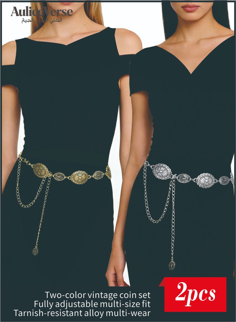 AuliceVerse 2 Pcs Adjustable Bohemian Waist Chain Set for Women - Silver & Gold Alloy Body Chain Belt | Vintage Coin Design，Perfect for Dresses，Skirts & Jeans - Image 1