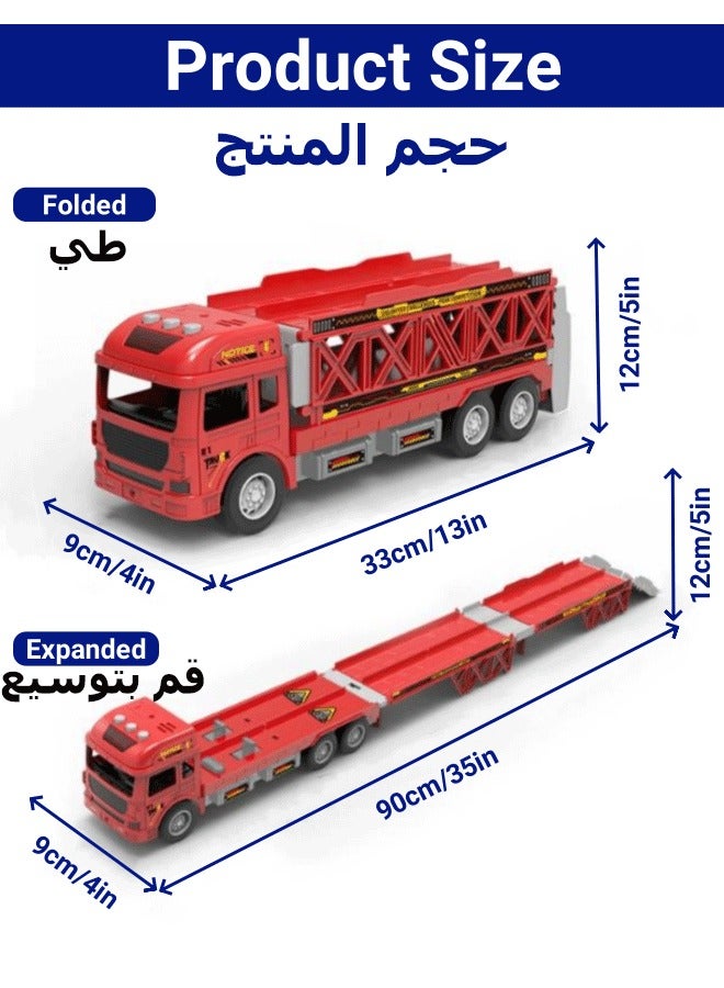 Beauenty Racing Track Toy, Race Car Track Toy Truck Toy 3-Layer Foldable Car Race Track Playset Ejection Race Truck with 8 Alloy Cars Dual- Track Transport Car Carrier Toy Container Truck Toy for 3+ Years Bo - Image 2