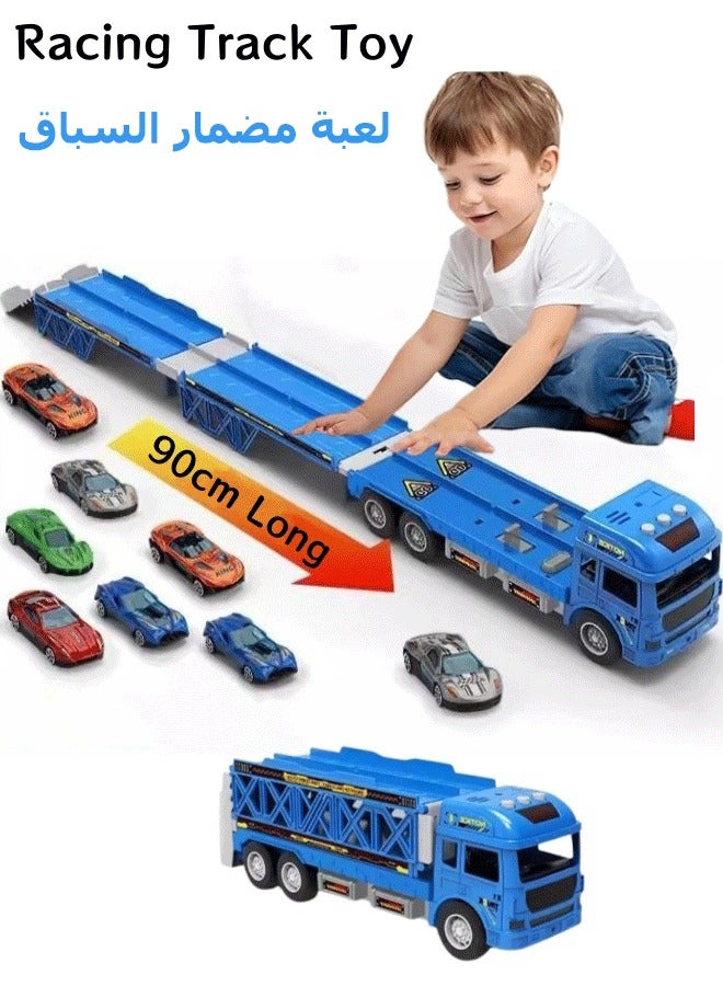 Beauenty Racing Track Toy, Race Car Track Toy Truck Toy 3-Layer Foldable Car Race Track Playset Ejection Race Truck with 8 Alloy Cars Dual- Track Transport Car Carrier Toy Container Truck Toy for 3+ Years Bo - Image 1