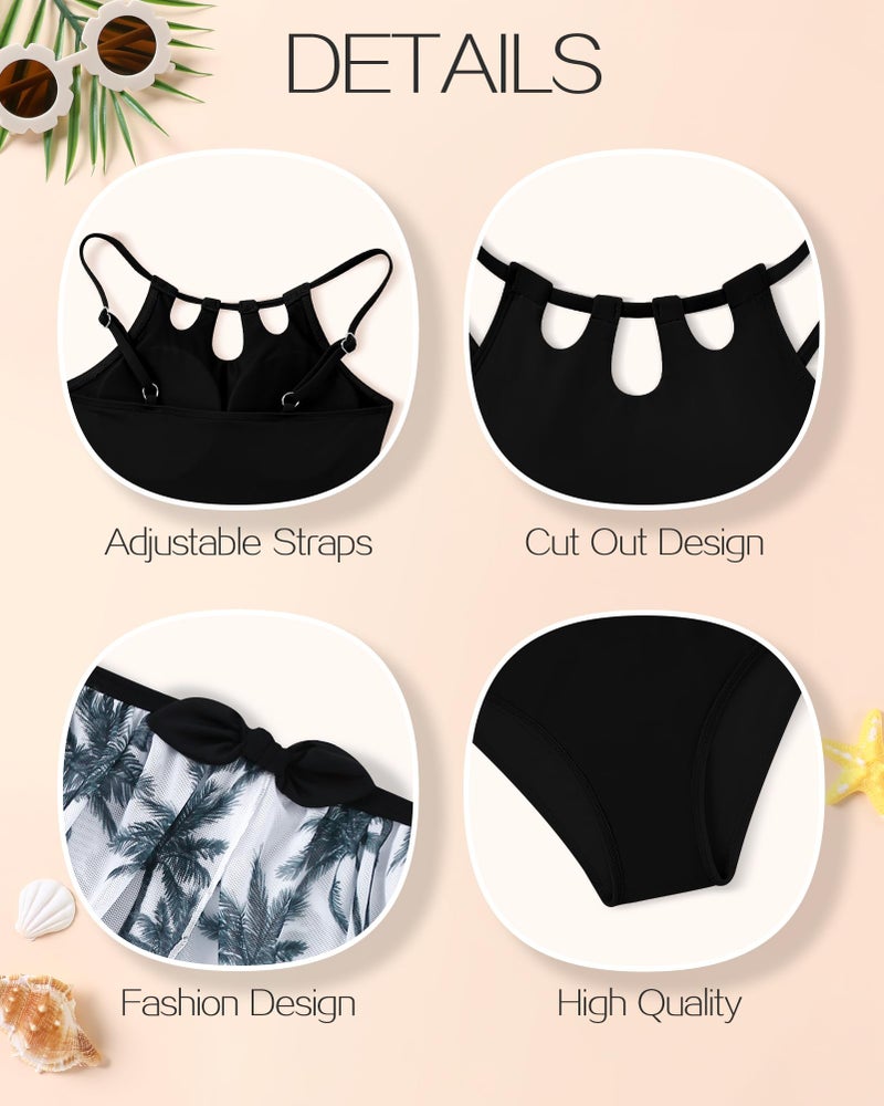 Redair Youth Girls Swimsuit Cut Out One Piece Black Adjustable Strap Swimwear with Cute Bow Tropical Printed Cover Up Skirt Girls 14/16 Swimsuit - Image 5
