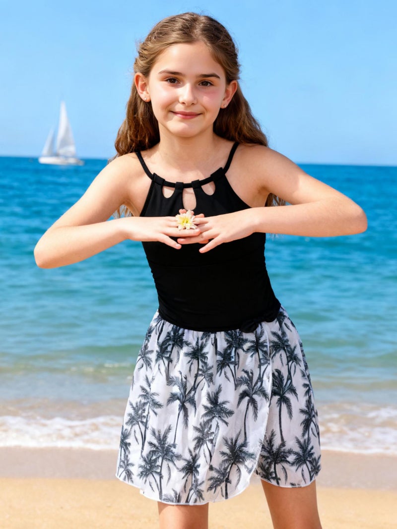 Redair Youth Girls Swimsuit Cut Out One Piece Black Adjustable Strap Swimwear with Cute Bow Tropical Printed Cover Up Skirt Girls 14/16 Swimsuit - Image 2