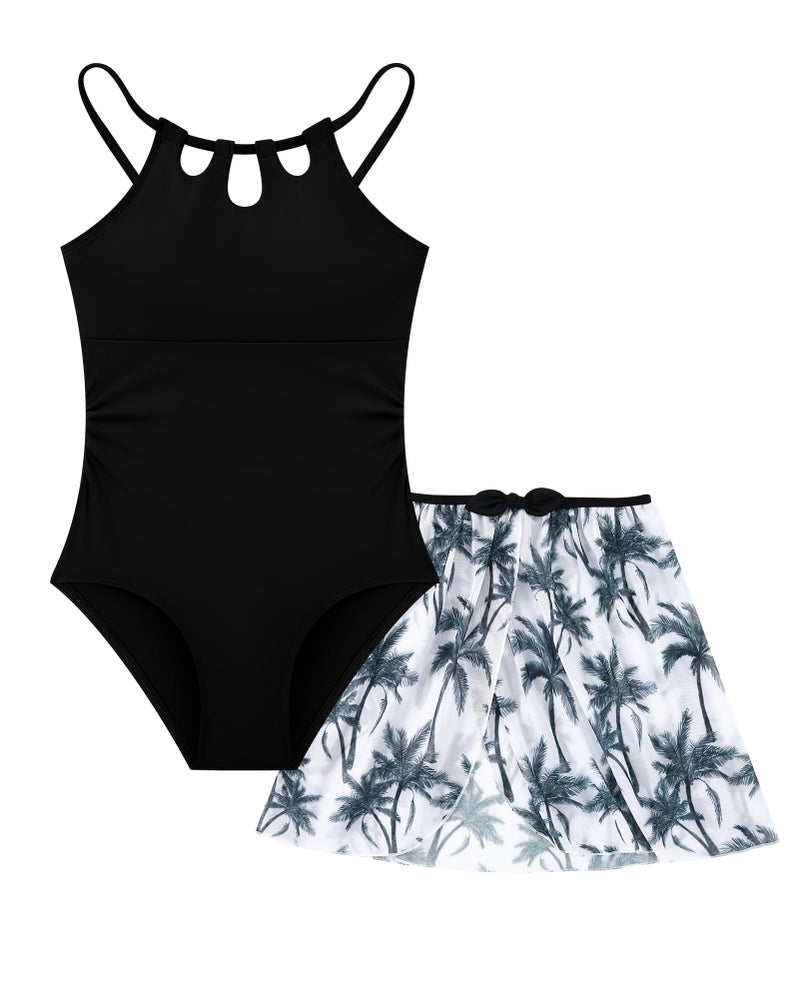 Redair Youth Girls Swimsuit Cut Out One Piece Black Adjustable Strap Swimwear with Cute Bow Tropical Printed Cover Up Skirt Girls 14/16 Swimsuit - Image 1