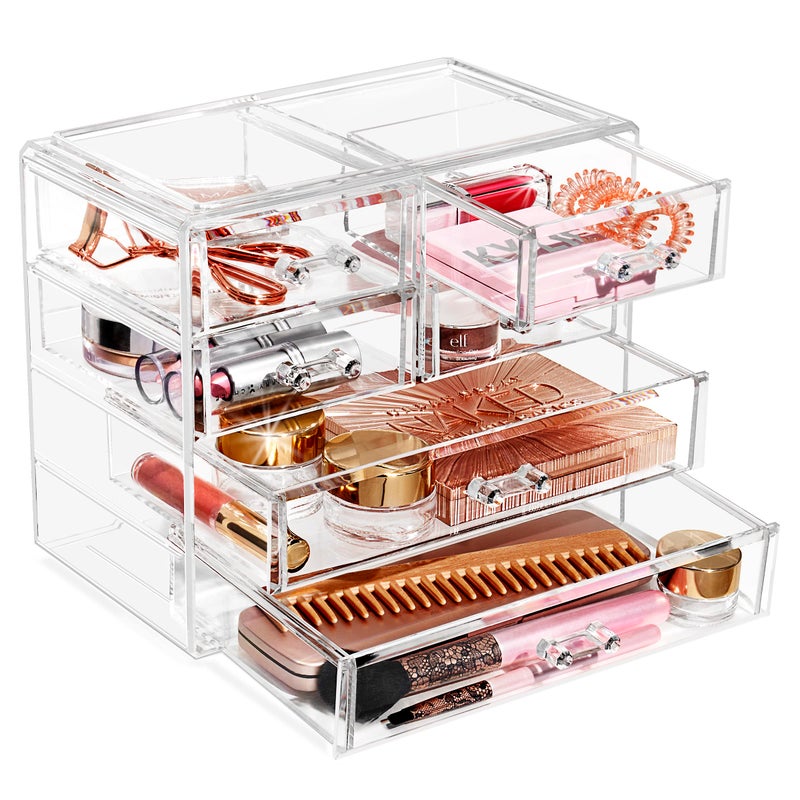 Sorbus Clear Makeup Organizer Display  Stylish Organization and Storage Case for Cosmetics Jewelry  Hair Accessories  Space Saving Makeup Organizer for Vanity  Bathroom 2 Large 4 Small Drawers
