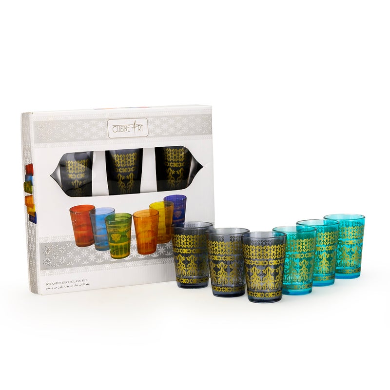 Cuisine Art Jora Deco Moroccan Glass Set, 6 Pieces Multicolor  Traditional Moroccan Tea Glasses for Mint Tea, Water & Juice  Handcrafted Arabic Style Glassware for Home, Dining & Gifting - Image 1