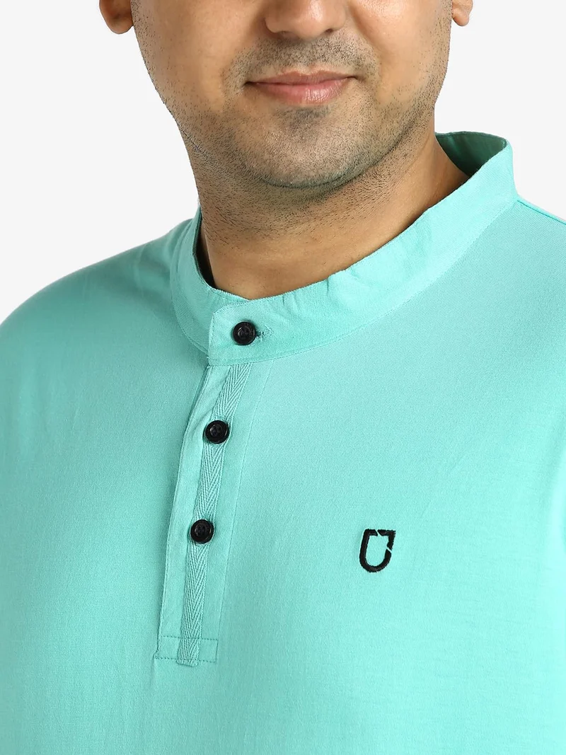 Urbano Fashion  Urbano Plus Men's Aqua Green Solid Mandarin Collar Regular Fit Half Sleeve Cotton T-Shirt  | Best Price UAE