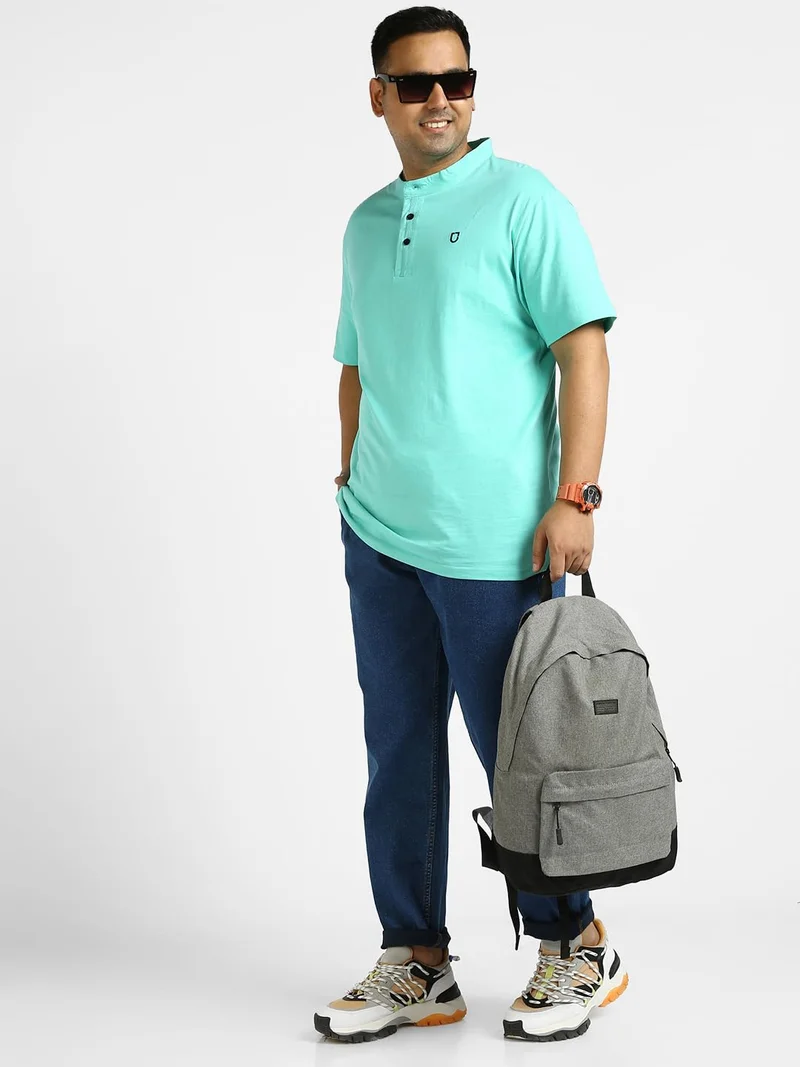Urbano Fashion  Urbano Plus Men's Aqua Green Solid Mandarin Collar Regular Fit Half Sleeve Cotton T-Shirt  | Best Price UAE
