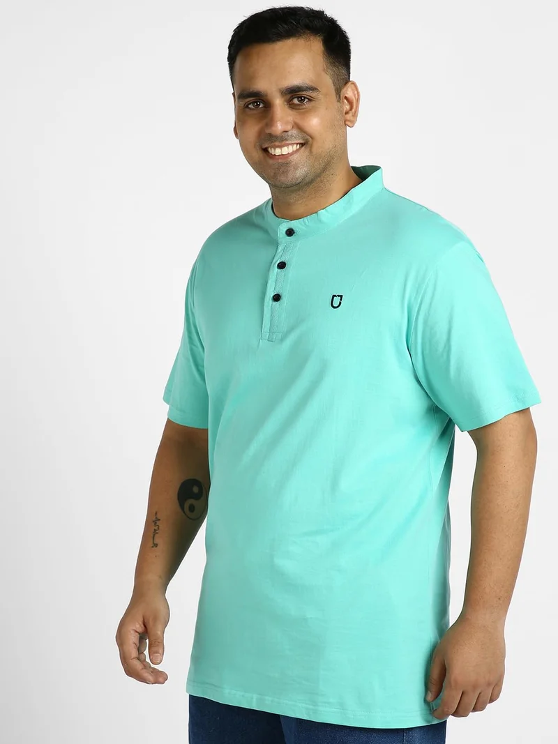 Urbano Fashion  Urbano Plus Men's Aqua Green Solid Mandarin Collar Regular Fit Half Sleeve Cotton T-Shirt  | Best Price UAE