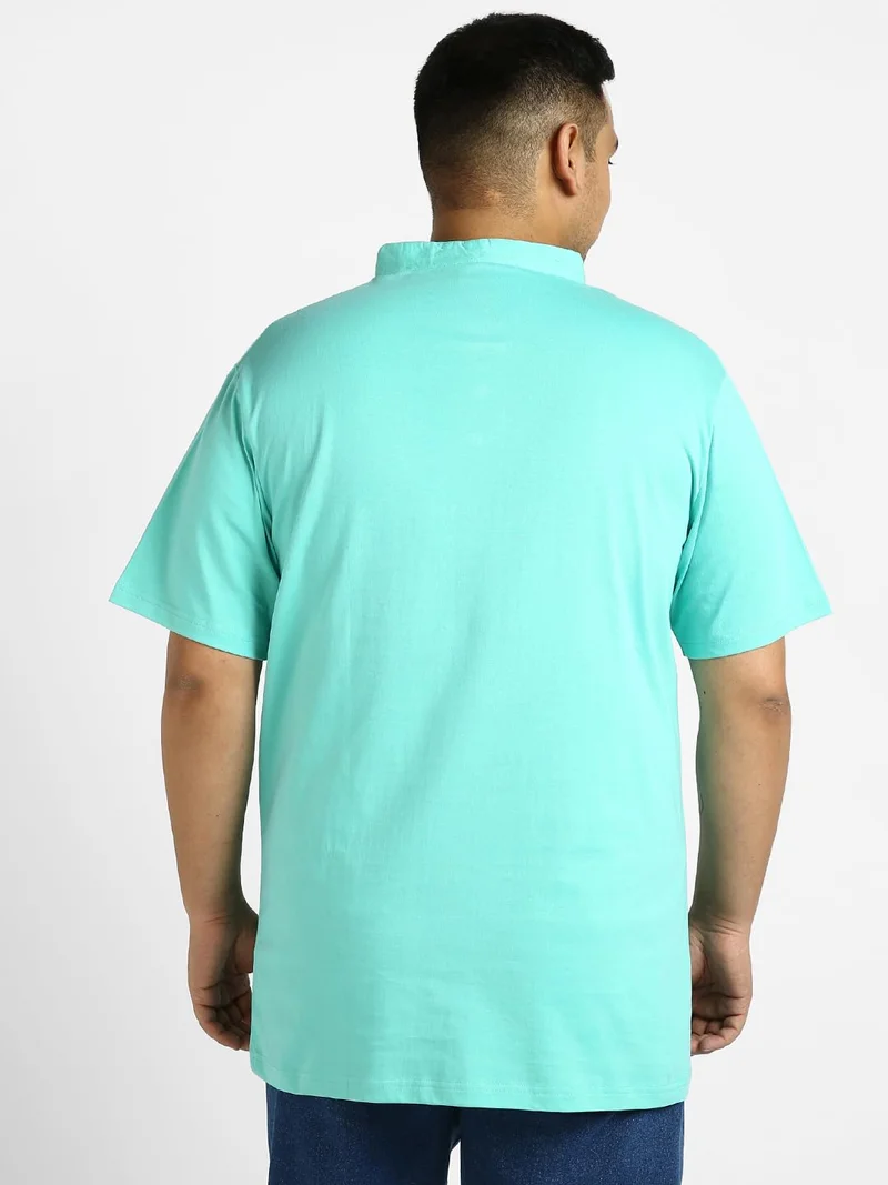 Urbano Fashion  Urbano Plus Men's Aqua Green Solid Mandarin Collar Regular Fit Half Sleeve Cotton T-Shirt  | Best Price UAE