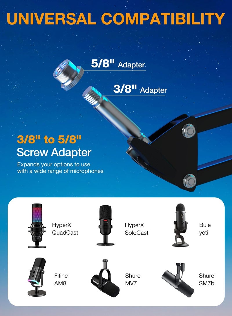 Boom Arm, Mic Arm Microphone Arm for HyperX QuadCast SoloCast Blue Yeti Fifine AM8 and Most Mic, Mic Stand Desk with 3/8 to 5/8 inch Adapter(without Microphone) - Image 3