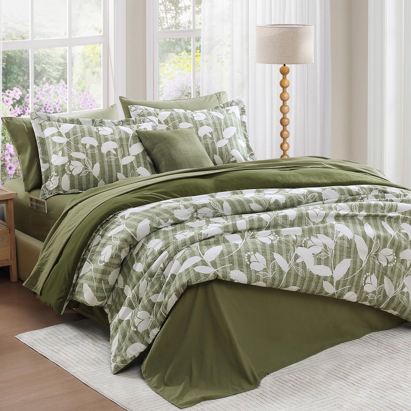 BLOOMHAVEN Full Comforter Set -7 Pieces Botanical Olive Green Comforter Set for All Seasons, Bed in a Bag Full with Flowers Floral Comforter, Sheets, Pillowcases & Shams - Image 2