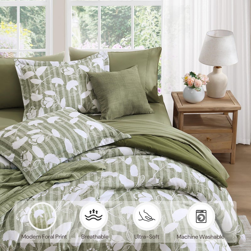BLOOMHAVEN Full Comforter Set -7 Pieces Botanical Olive Green Comforter Set for All Seasons, Bed in a Bag Full with Flowers Floral Comforter, Sheets, Pillowcases & Shams - Image 4